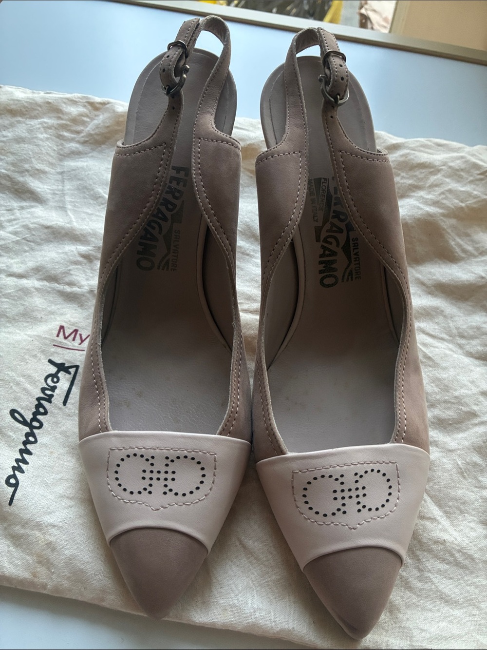 Salvatore Ferragamo Two-Tone Taupe and Blush Pointed Slingback Pumps - Picture 1 of 8